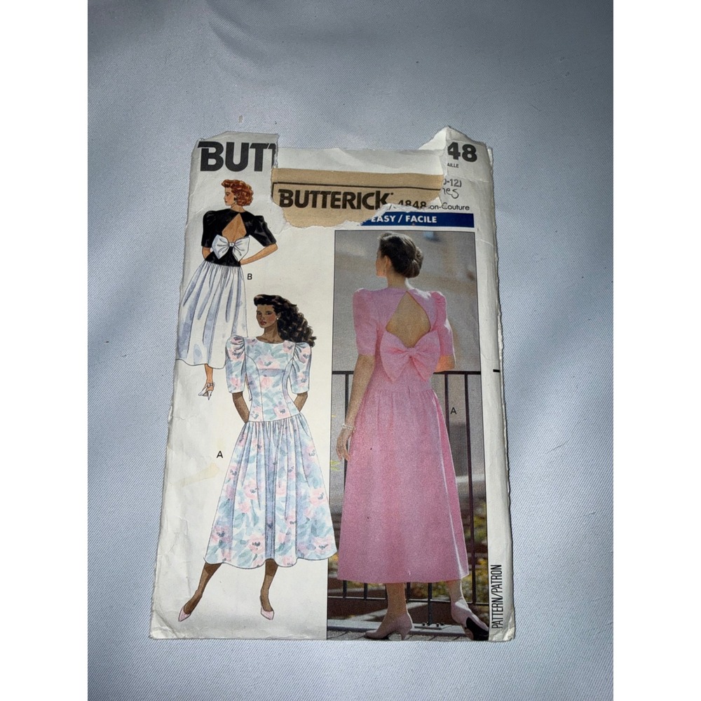 Vintage Butterick 4848 Sewing Pattern 1990 Misses Dress Bow Back Size 8 10 12